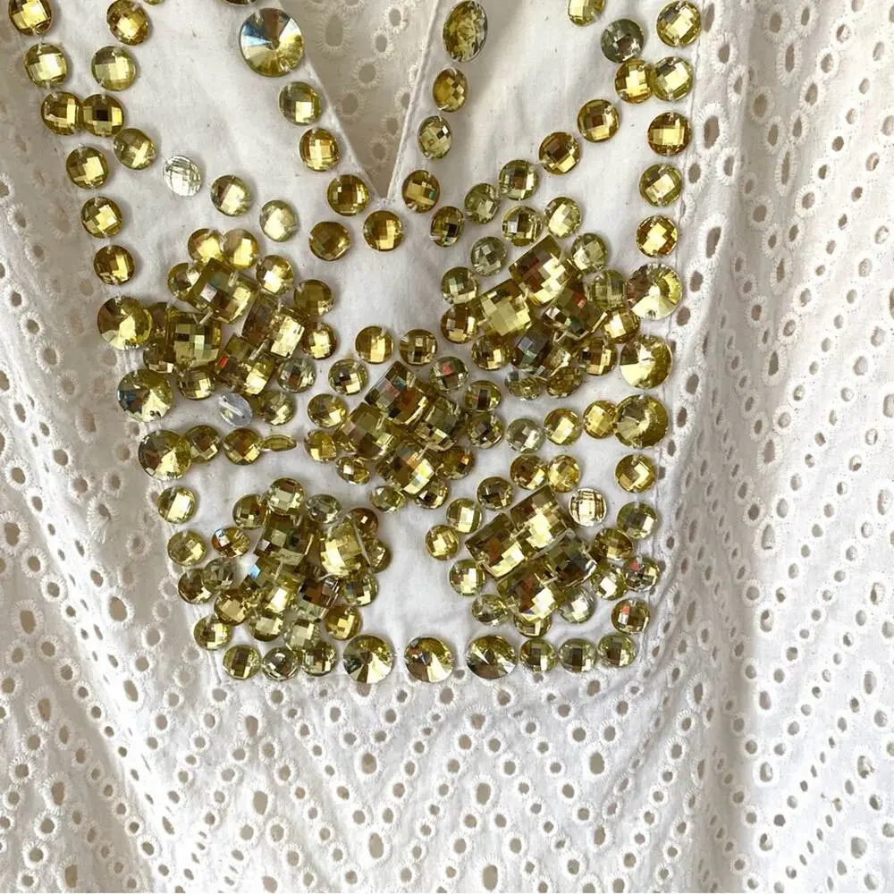 Juliette NWTs Cream Eyelet Gold Beaded Embellished Pool Swim Cover Up Medium